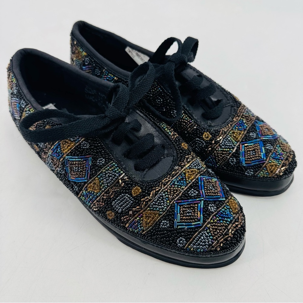 Vintage 90’s Colorwerks Boho Funky Artsy Eclectic Grandma Beaded Flats Sneakers